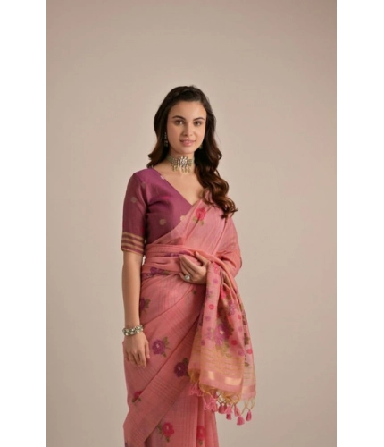 Women's Blended_Cotton Floral Motifs And Woven Buttas Saree With Unstitched Blouse 5.5Mtr (Pink)