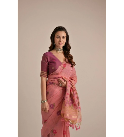 Women's Blended_Cotton Floral Motifs And Woven Buttas Saree With Unstitched Blouse 5.5Mtr (Pink) Women's Blended_Cotton Floral Motifs And Woven Buttas Saree With Unstitched Blouse 5.5Mtr (Pink)