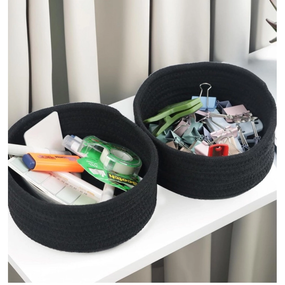 Cotton 8x3 Inch Round 3 Set Bedside Organizer (Black)