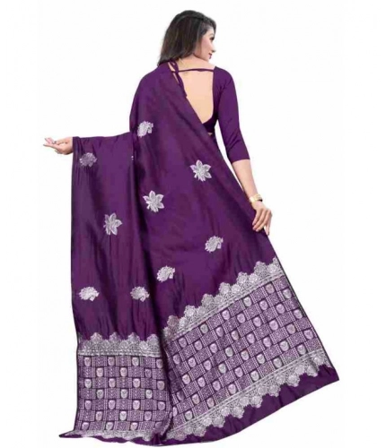 Women's Soft Lichi Silk Printed Saree With Unstitched Blouse 5.5Mtr (Purple)