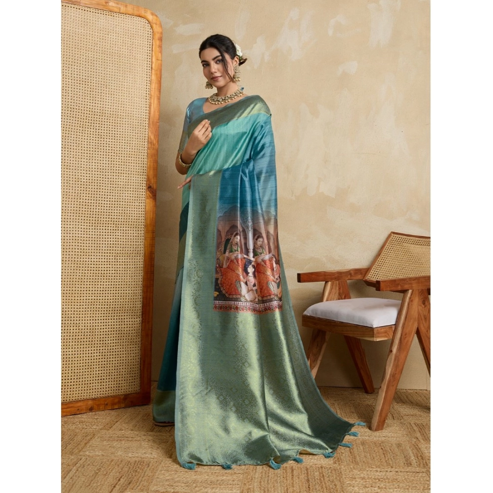 Women's Silk Printed Saree With Unstitched Blouse 5.5Mtr (Blue)