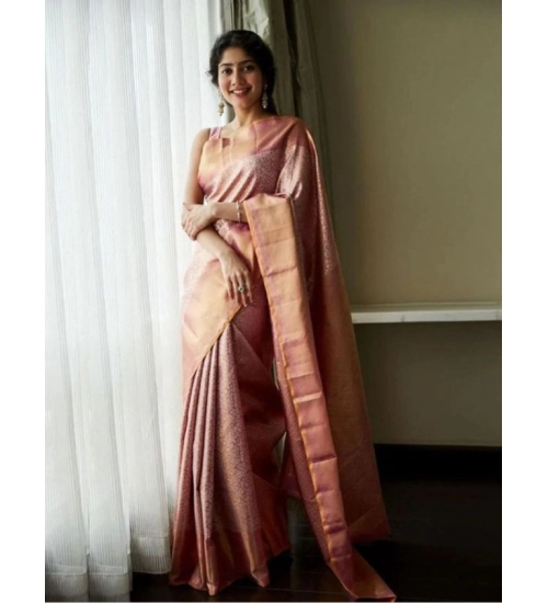 Women's Litchi silk Printed Saree With Unstitched Blouse (Light Pink)