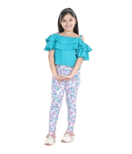 Girl's Cotton Floral Elasticated Jegging and Top Set (Turquoise Blue)