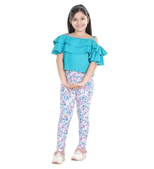 Girl's Cotton Floral Elasticated Jegging and Top Set (Turquoise Blue) Girl's Cotton Floral Elasticated Jegging and Top Set (Turquoise Blue)