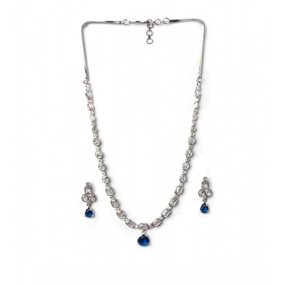 Women's Brass Silver Plated Necklace set (Blue)