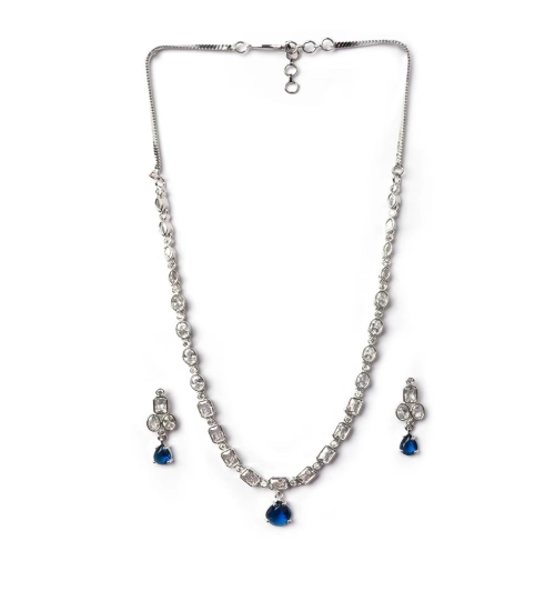 Women's Brass Silver Plated Necklace set (Blue)