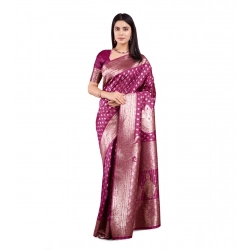Women's Banarasi Silk Printed Saree With Unstitched Blouse 5.5Mtr (Wine)
