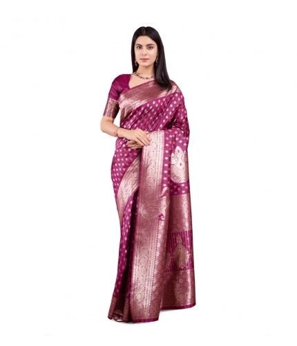 Women's Banarasi Silk Printed Saree With Unstitched Blouse 5.5Mtr (Wine)
