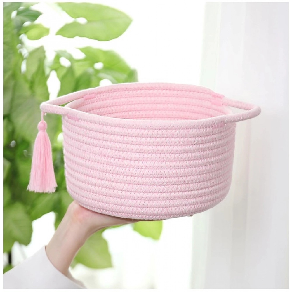 Cotton 8x4 Inch Round 2 Set With Jhalar Bedside Organizer (Pink)