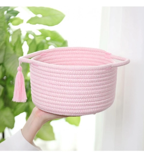 Cotton 8x4 Inch Round 2 Set With Jhalar Bedside Organizer (Pink)