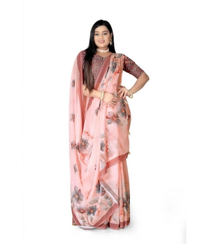 Women's Georgette Floral Printed Saree With Unstitched Blouse 5.5Mtr (Peach)