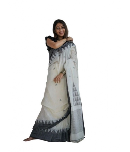 Women's Soft Lilan Printed Saree With Unstitched Blouse 5.5Mtr (White-Black)