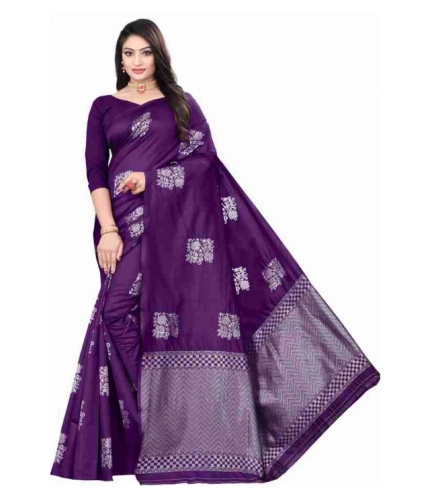Women's Soft Lichi Silk Printed Saree With Unstitched Blouse 5.5Mtr (Purple)