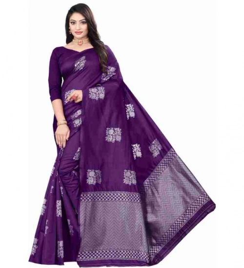 Women's Soft Lichi Silk Printed Saree With Unstitched Blouse 5.5Mtr (Purple)
