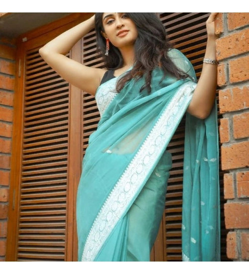 Women's Soft Lichi Silk Printed Saree With Unstitched Blouse 5.5Mtr (Sky-Blue)