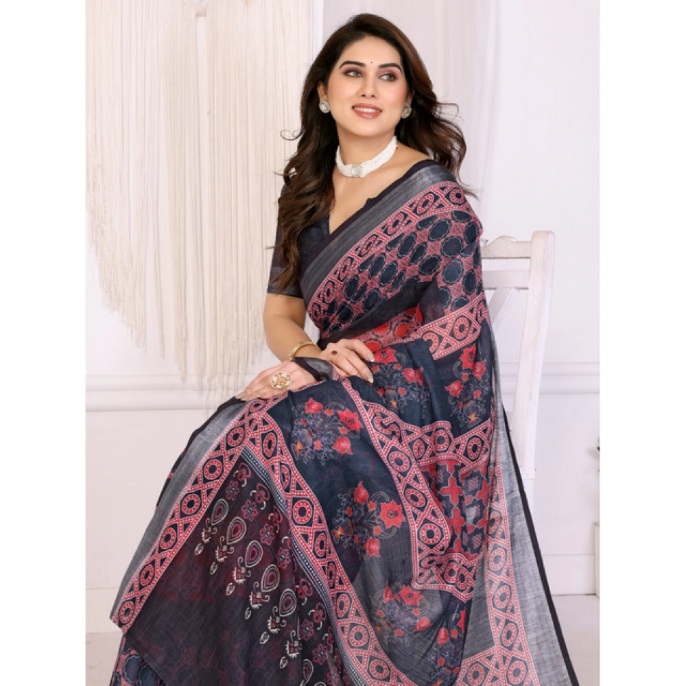 Women's Linen Cotton Printed Saree With Unstitched Blouse 5.5Mtr (Black) Women's Linen Cotton Printed Saree With Unstitched Blouse 5.5Mtr (Black)
