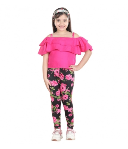 Girl's Cotton Floral Elasticated Jegging and Top Set (Black-Pink)