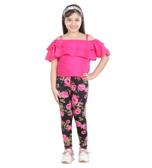 Girl's Cotton Floral Elasticated Jegging and Top Set (Black-Pink) Girl's Cotton Floral Elasticated Jegging and Top Set (Black-Pink)