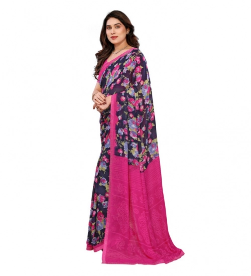 Women's Georgette Printed Saree With Unstitched Blouse 5.5Mtr (Blue)