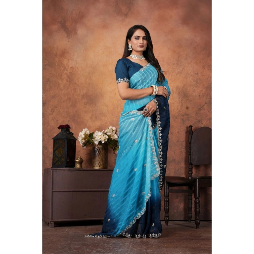 Women's Chiffon Embroidred Saree With Unstitched Blouse 5.5Mtr (Light Blue) Women's Chiffon Embroidred Saree With Unstitched Blouse 5.5Mtr (Light Blue)