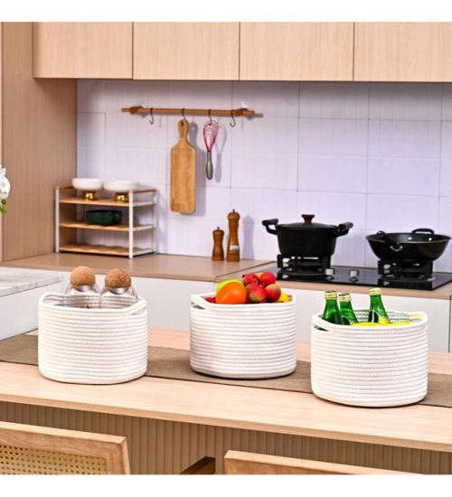 Cotton 9x7 Inch Pack of 3 Storage Basket For Clothes (White)