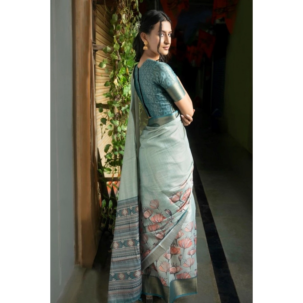 Women's Polyester Printed Saree With Unstitched Blouse 5.5 Mtr (Rama)