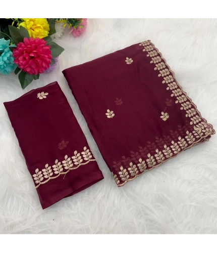 Women's Georgette Embroidered Saree With Unstitched Blouse 5.5Mtr (Red)