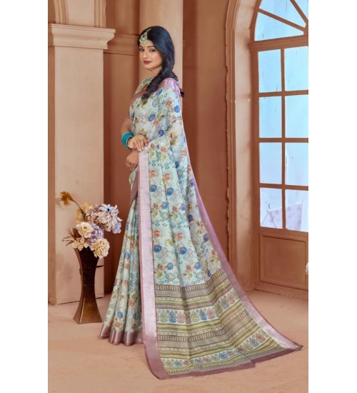 Women's Printed Cotton Linen Saree withPrinted  Saree With Unstitched Blouse (Rust  , 5-6Mtrs)