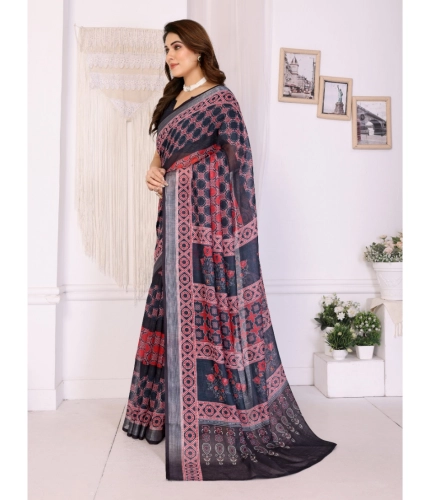 Women's Linen Cotton Printed Saree With Unstitched Blouse 5.5Mtr (Black) Women's Linen Cotton Printed Saree With Unstitched Blouse 5.5Mtr (Black)