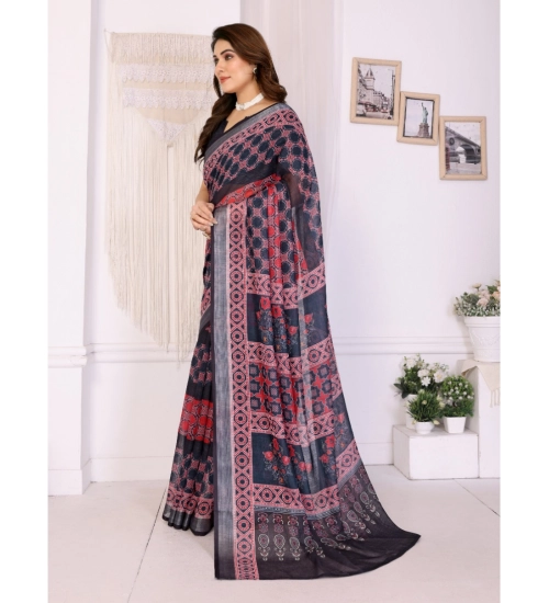 Women's Linen Cotton  Printed Saree With Unstitched Blouse 5.5Mtr (Black)