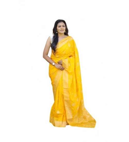Women's Soft Lichi Silk Printed Saree With Unstitched Blouse 5.5Mtr (Yellow)