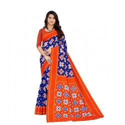 Women's Soft Pure Cotton Printed Saree With Unstitched Blouse 5.5Mtr (Blue)