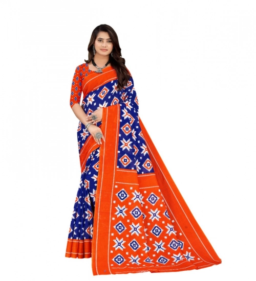 Women's Soft Pure Cotton Printed Saree With Unstitched Blouse 5.5Mtr (Blue)
