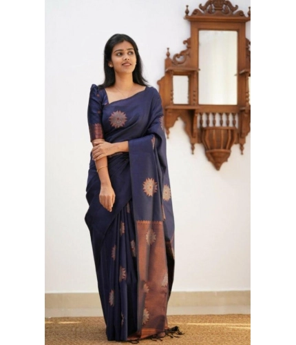 Women's Litchi silk Printed Saree With Unstitched Blouse (Dark Blue) Women's Litchi silk Printed Saree With Unstitched Blouse (Dark Blue)