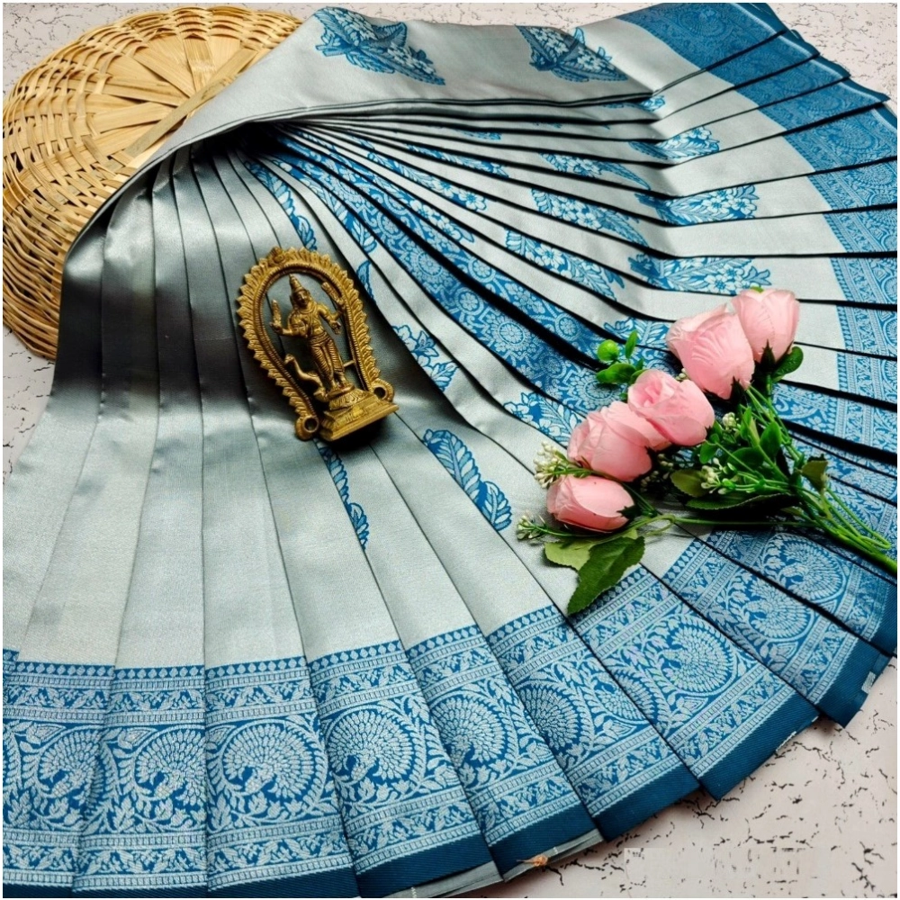 Women's Soft Silk Printed Saree With Unstitched Blouse 5.5Mtr (Silver Blue)