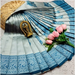 Women's Soft Silk Printed Saree With Unstitched Blouse 5.5Mtr (Silver Blue)