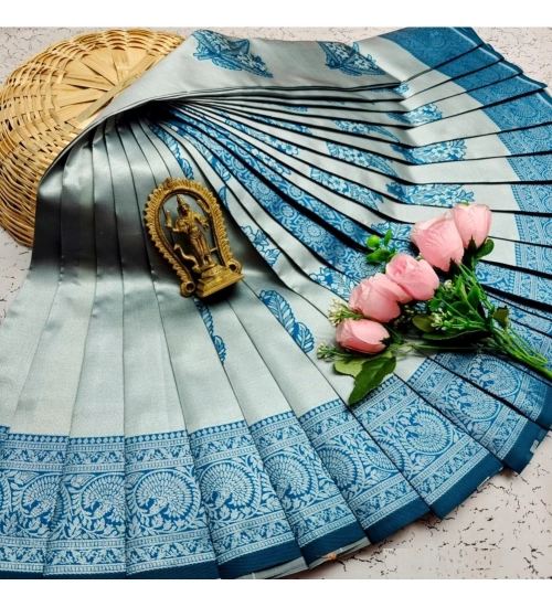 Women's Soft Silk Printed Saree With Unstitched Blouse 5.5Mtr (Silver Blue)
