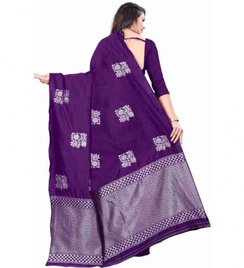 Women's Soft Lichi Silk Printed Saree With Unstitched Blouse 5.5Mtr (Purple)