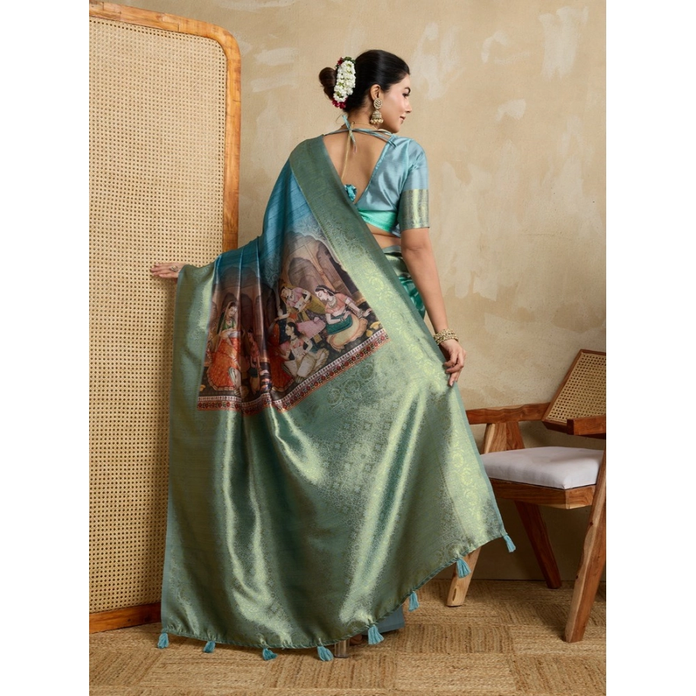 Women's Silk Printed Saree With Unstitched Blouse 5.5Mtr (Blue)
