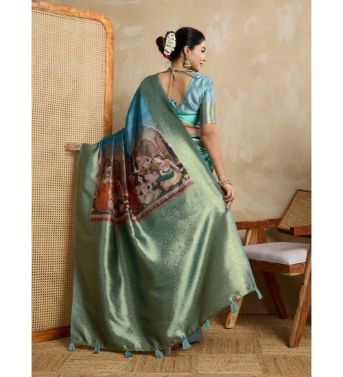 Women's Silk Printed Saree With Unstitched Blouse 5.5Mtr (Blue)