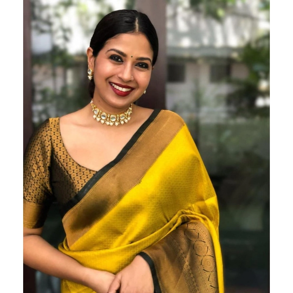 Women's Litchi silk Printed Saree With Unstitched Blouse (Yellow) Women's Litchi silk Printed Saree With Unstitched Blouse (Yellow)