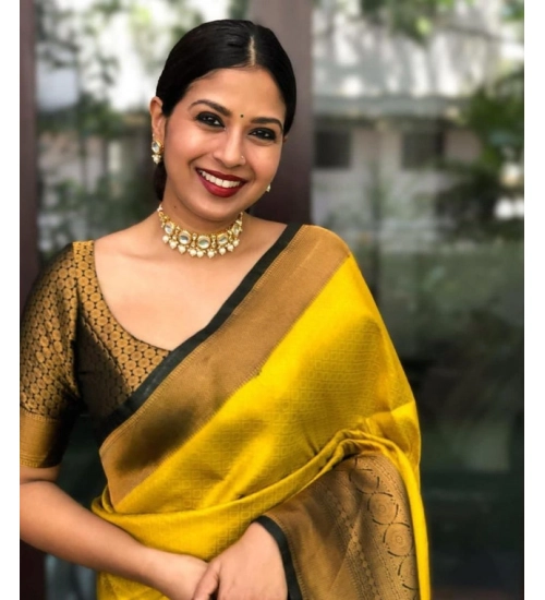 Women's Litchi silk Printed Saree With Unstitched Blouse (Yellow)