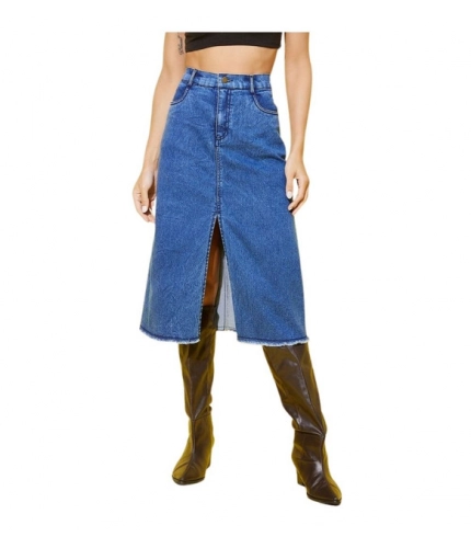 Women's Denim Solid Buttoned Skirt (Blue)