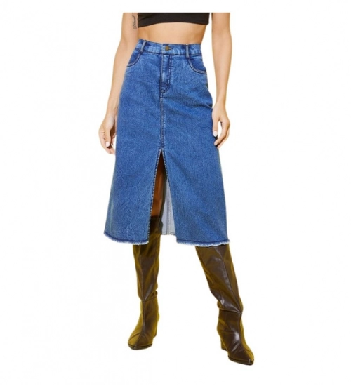 Women's Denim Solid Buttoned Skirt (Blue)