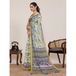 Women's Linen Floral Printed Saree With Unstitched Blouse 5.5Mtr (Pista Green)