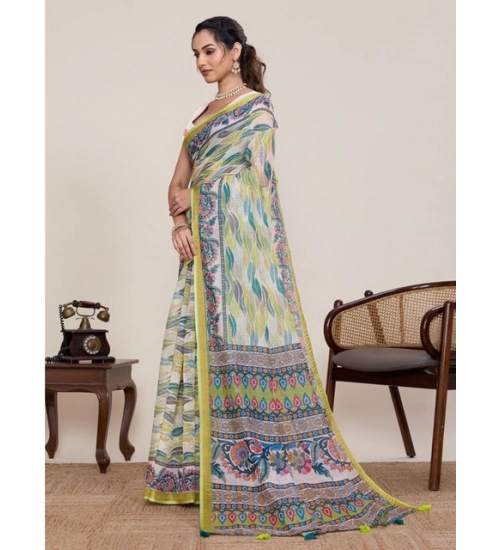 Women's Linen Floral Printed Saree With Unstitched Blouse 5.5Mtr (Pista Green)