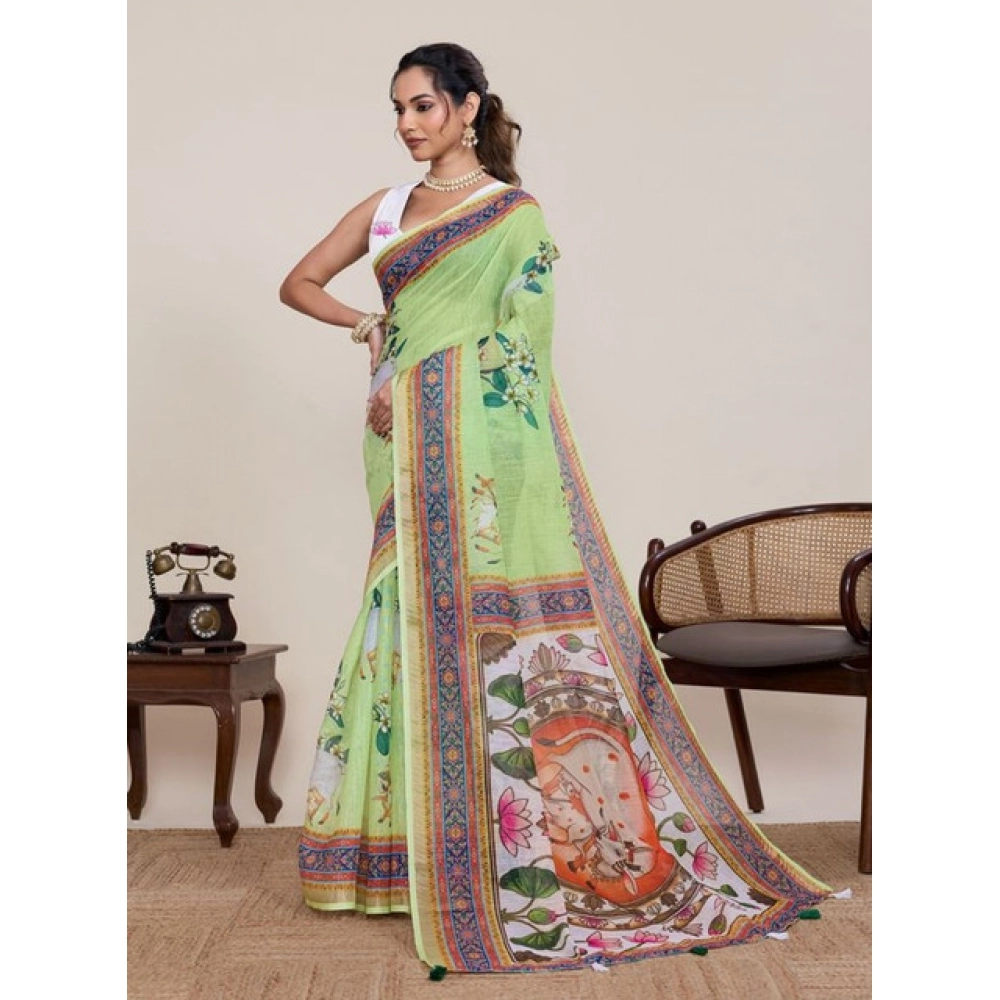 Women's Linen Floral Printed Saree With Unstitched Blouse 5.5Mtr (Light Green) Women's Linen Floral Printed Saree With Unstitched Blouse 5.5Mtr (Light Green)