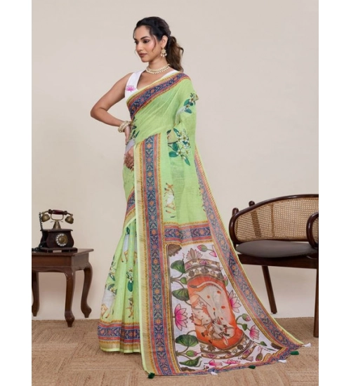 Women's Linen Floral Printed Saree With Unstitched Blouse 5.5Mtr (Light Green)