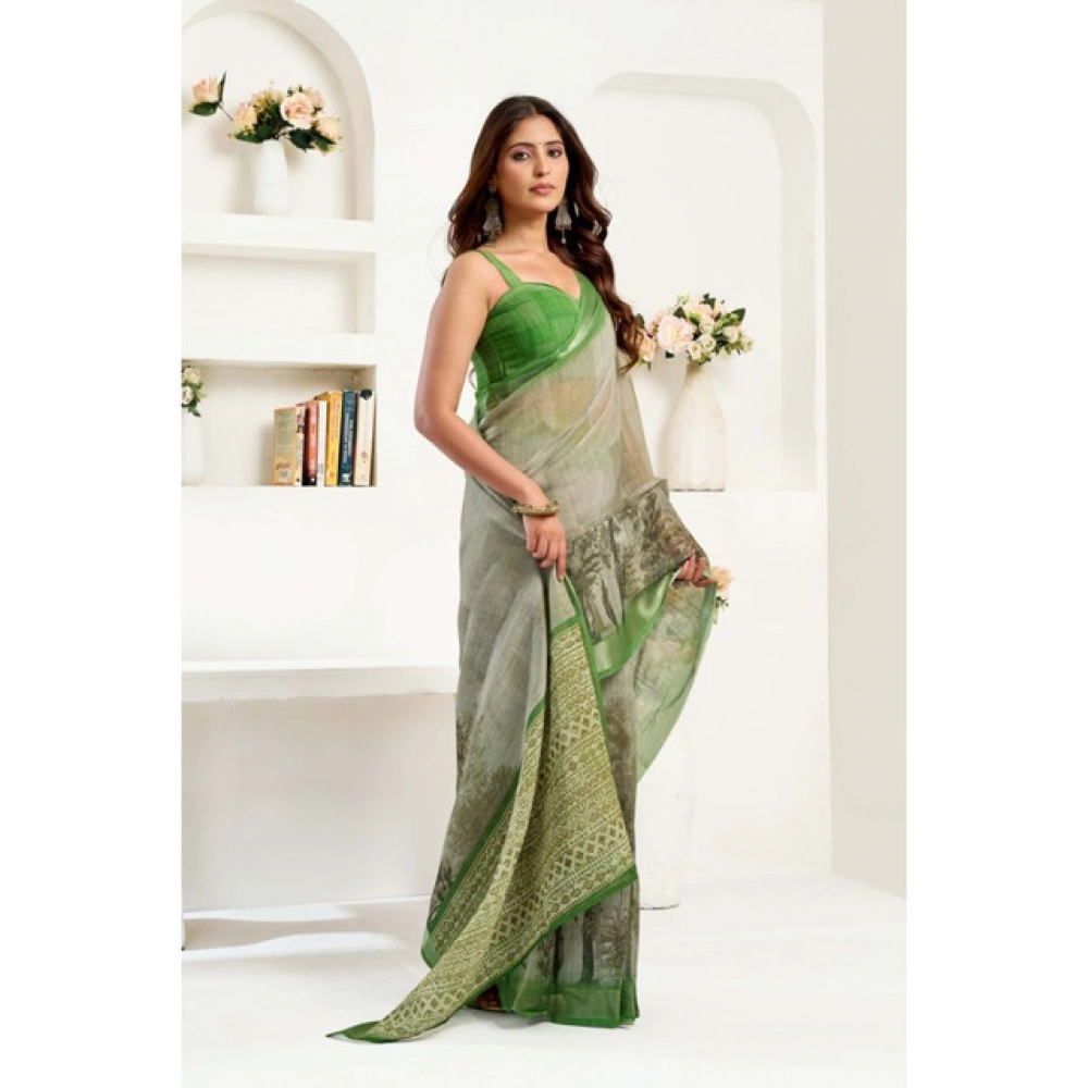 Women's Linen Cotton Printed Ready To Wear Saree With Unstitched Blouse 5.5 Mtr (Light_Green)