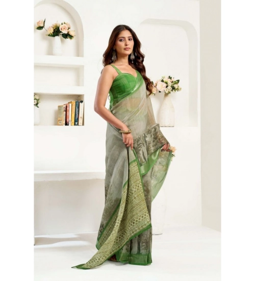 Women's Linen Cotton Printed Ready To Wear Saree With Unstitched Blouse 5.5 Mtr (Light_Green)